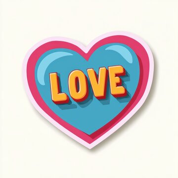 Romantic love theme for Valentines Day. A vibrant, heartshaped sticker with the word Love in bold, colorful letters against a white background.