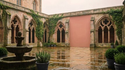 Fototapeta premium Courtyard with fountain and ivy-covered walls in rainy weather 