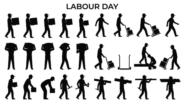 Labour day vector illustration set of workers in various poses and actions.