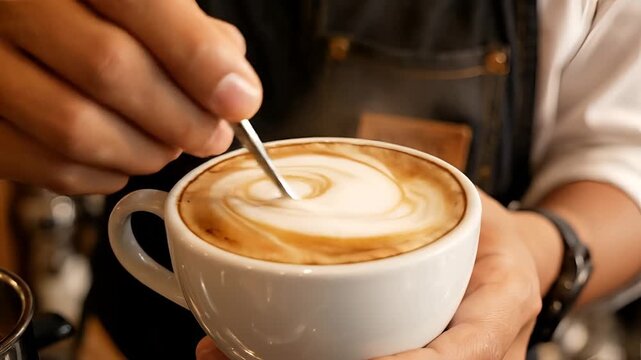 Barista skillfully prepares latte art in a cozy coffee shop.