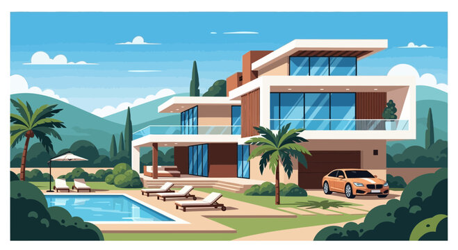 Modern luxury villa with pool, car, and scenic landscape background
