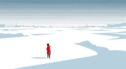 Lone figure in red coat stands on vast frozen landscape, minimalist winter scene © Maryati