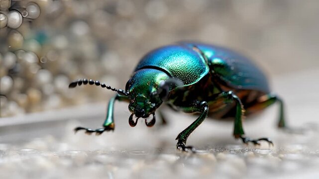 Closeup Macro Shot of a Vibrant Metallic Green Beetle Crawling.