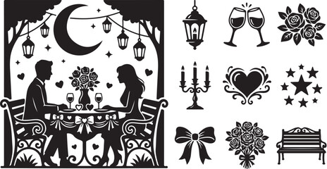 Fototapeta premium Romantic Vector Icons, Wedding Symbols, Love Clipart Set