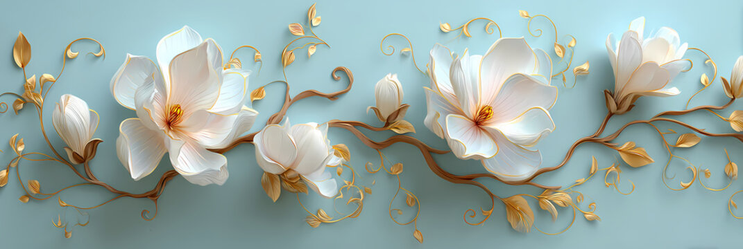 Eleganter 3D-Hintergrund mit wei&szlig;en Magnolienbl&uuml;ten und goldenen Schn&ouml;rkeln, ideal f&uuml;r luxuri&ouml;se Tapeten-Designs, YouTube-Thumbnails