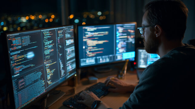 Software developer with glasses typing at triple-monitor workstation late at night with cyan screen glow