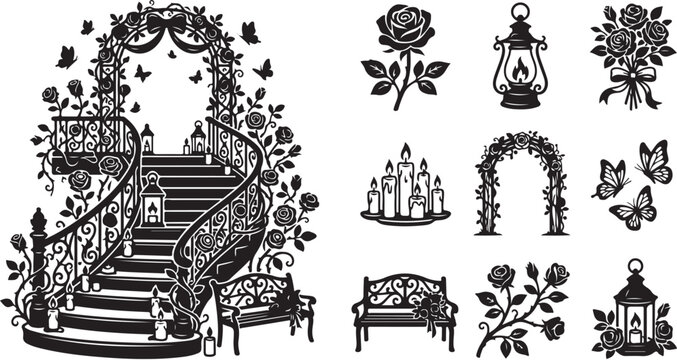 Ornate Gothic, Victorian Staircase, 12 Icon Set, Black and White Clipart