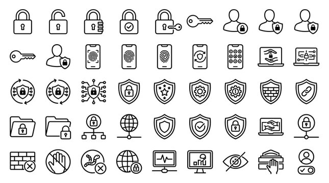 Cyber Security Line Icon Set with Padlocks Shields Keys and Data Protection Symbols for Network Safety Web Design and Mobile Applications