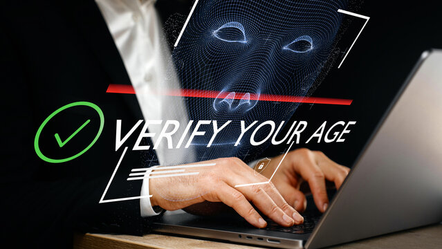 Age verification concept, facial recognition for identity confirmation, digital age check system, biometric online verification, adult content access control, AI-powered identity scanning