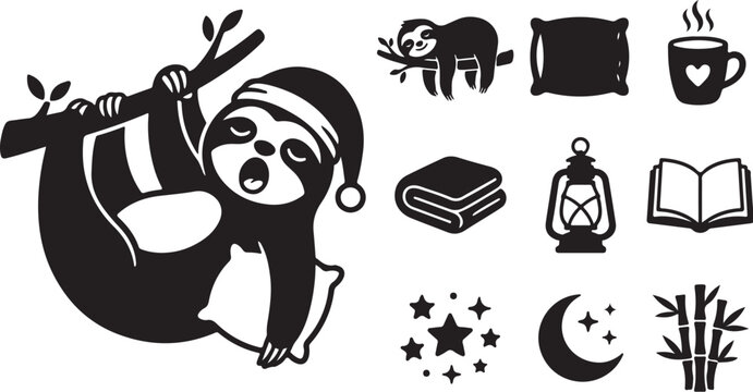 Black sloth icons, Christmas symbols, cute animal graphics, vector illustrations