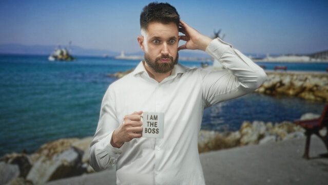 Man holding coffee mug that reads i am the boss, hand to head on a street by the sea; uncertainty leadership introspection.