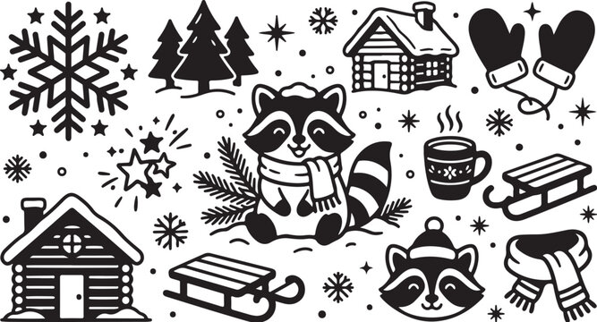 Winter, racoon icons, black and white, vector illustrations, holiday symbols