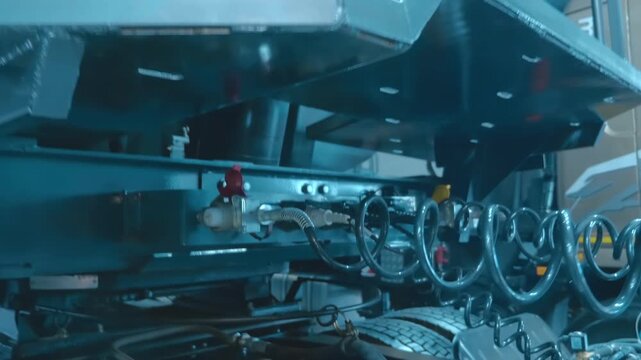 New shiny black spiral cables for the truck body are essential for transmitting and executing commands by the driver. Closeup. Shot in motion