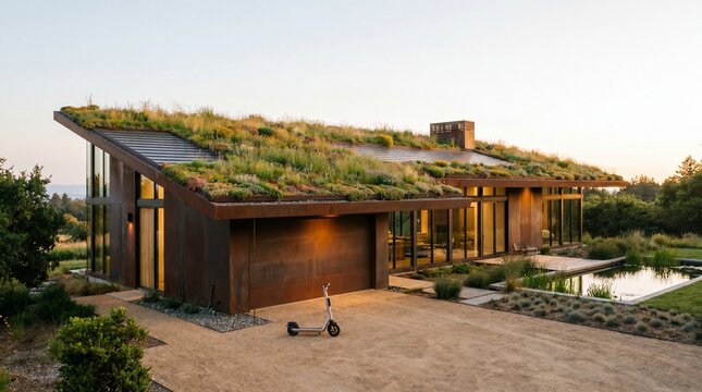Eco-friendly modern home showcasing a vibrant living green roof and rusted metal cladding during sunset.