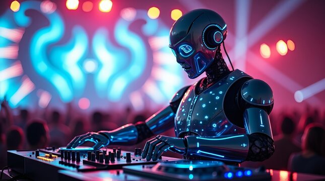 Futuristic robot DJ performing live music set at neon night club party.