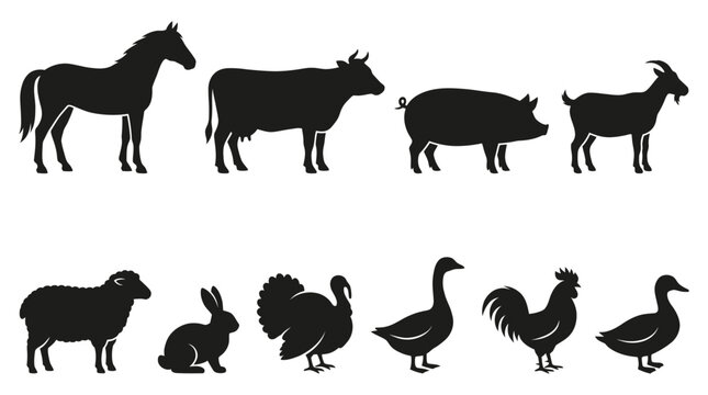 A collection of black silhouettes showing various farm animals isolated on a clean white background