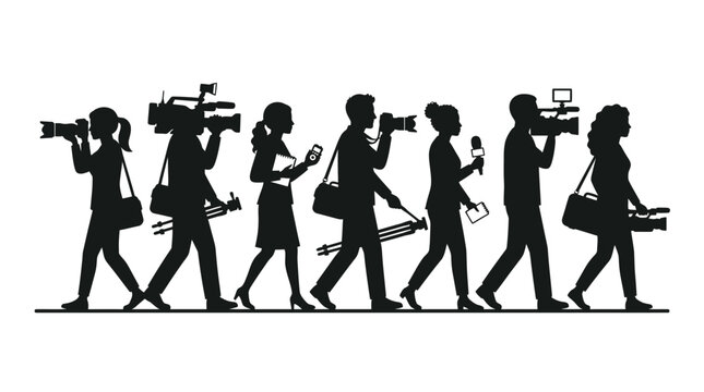 Silhouette illustration of diverse group of professional journalists and photographers.