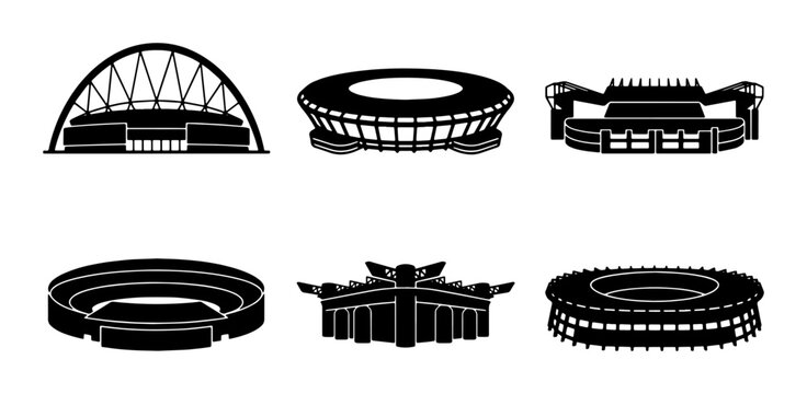 Stadium Icons Set: Modern and Classic Sports Venues, Architectural Silhouettes for Event Design
