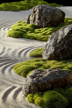 Zen Buddhism, meditation, inner peace, Chinese Japanese Asian tradition. Therapy stress release treatment, health lifestyle. A tranquil Japanese Zen garden with mosscovered rocks and raked sand.