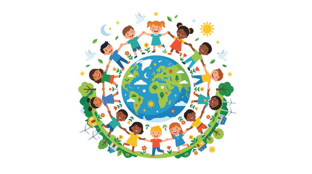 Diverse Group of Happy Children Holding Hands Around the Planet Earth.