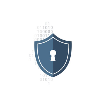 Blue security shield with keyhole and floating binary digits.