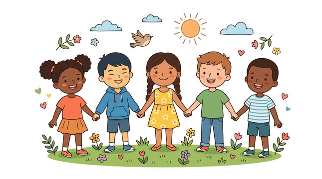 Diverse group of happy multiethnic children holding hands.