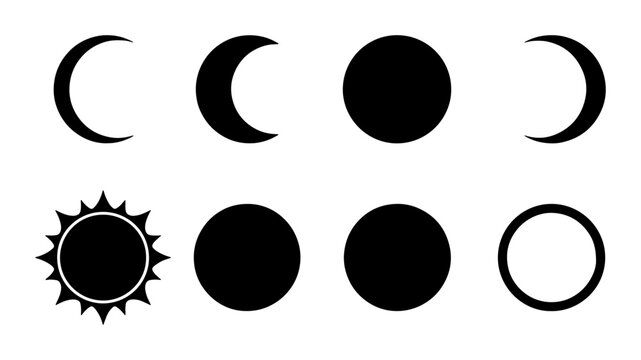 Celestial Phases Vector Icons: Moon Cycles, Sun, Full Circle, Crescent Shapes, Astronomical Icons for Science and Space