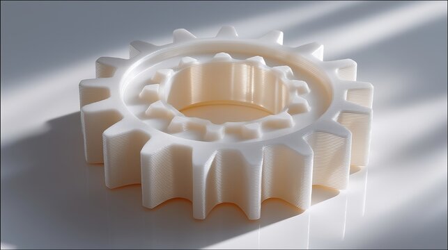 A detailed macro view of a 3D printed polymer gear wheel on a stark white background, each layer ridge visible, casting a soft precise shadow, ideal for prototyping, precision engineering, and