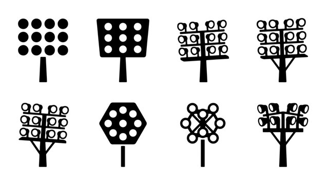 Stadium Lights Collection: Sports Lighting Icons, Floodlight Vector Graphics, Outdoor Illumination Symbols