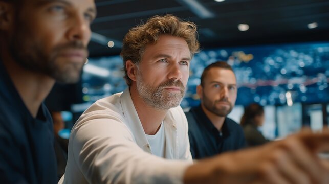 A multicultural team inside a satellite operations center monitors live signal integrity screens, one engineer circles an anomaly on a printed frequency graph, blue ambient light washes the room,