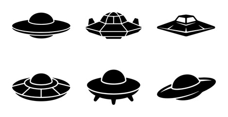 Set of 6 Black UFO Flying Saucer Icons, Retro Sci-Fi Alien Spaceship Vector Graphics, Futuristic Spacecraft Symbols © Nasrin