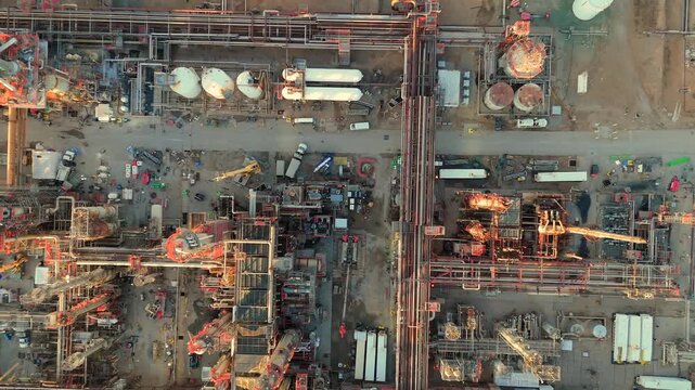 Aerial drone view of petrochemical refinery pipelines and distillation towers