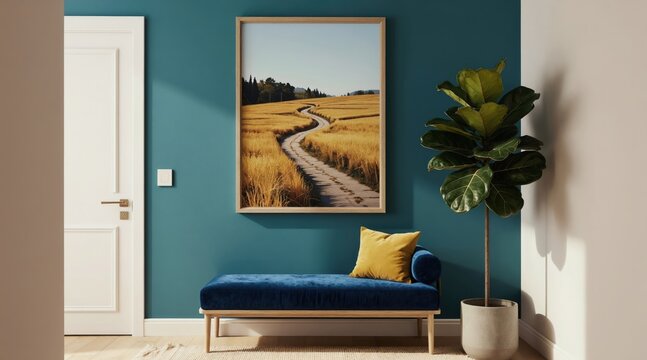Interior with blue velvet bench, yellow pillow, framed art of winding road through golden field, fiddle leaf fig plant in pot, on teal wall. Doorway, light floor.