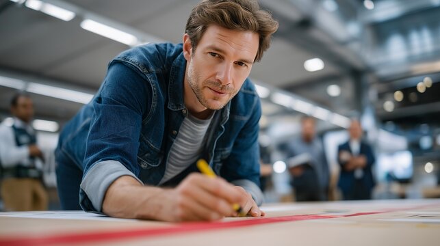 A lean manufacturing supervisor marks red waste zones on a factory floor with tape while a diverse team watches and takes notes, natural light from high clerestory windows above, ideal for 5S