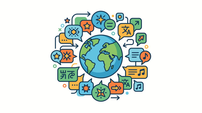 Global communication and international networking concept with world globe and speech bubbles.