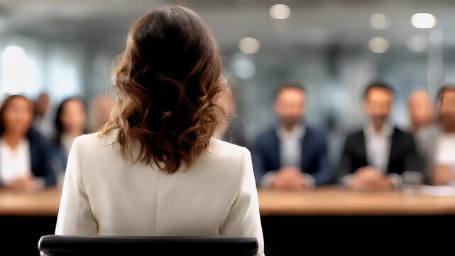 Female diversity. Human rights, equal opportunity concept. A professional photograph captures a woman seated in a conference room, facing away from the camera.
