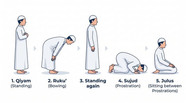 Clear Line Drawing Diagram of Postures in Muslim Prayer Sequence