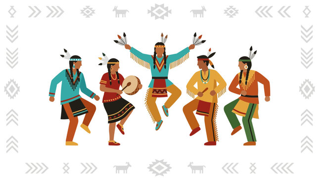 Group of Indigenous People Performing Traditional Native American Folk Dance.