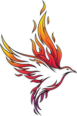 Naklejka premium Phoenix bird graphic with vibrant flames flying upwards depicts rebirth and powerful transformation.