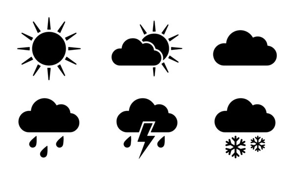 Weather Icons Set: Sun, Clouds, Rain, Thunderstorm, Snow. Simple Black & White Symbols for Forecast and Climate.