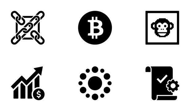 Crypto Icons Set: Bitcoin, Blockchain, NFT Monkey, Finance Chart, Token, Smart Contract Vector Graphics