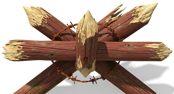 Wooden anti-tank obstacle with barbed wire