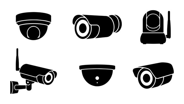 Security Camera Icons Set, Surveillance Equipment Vector Collection, CCTV Monitoring Devices, Home Protection Technology