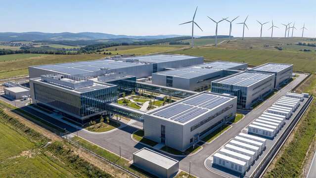Aerial view of modern sustainable industrial campus with solar panels on rooftops battery storage units and wind turbines on green hills clean technology eco factory headquarters concept