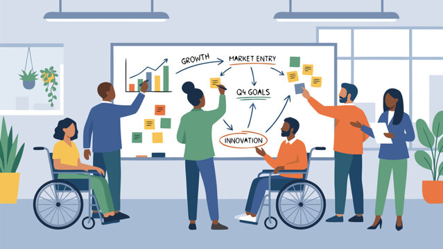 Diverse Business Team Collaborating on Strategy Whiteboard with Growth Charts and Q4 Goals. Inclusive Workplace with People in Wheelchairs Brainstorming Innovation and Market Entry Plans.