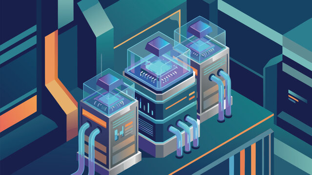 Futuristic Isometric Vector Illustration of Quantum Computer Servers in a High-Tech Data Center, Advanced Processor Units with Cooling Pipes for Supercomputing and Cloud Infrastructure.