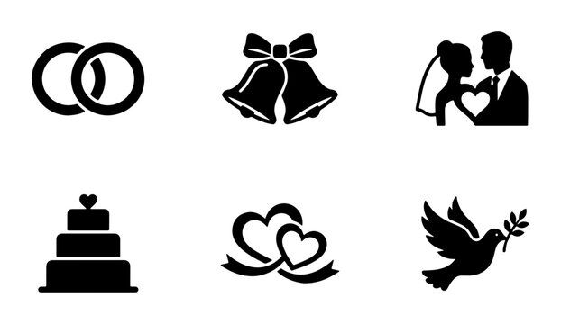Wedding Icons Vector Set: Rings, Bells, Couple, Cake, Hearts, Dove for Celebration Graphics
