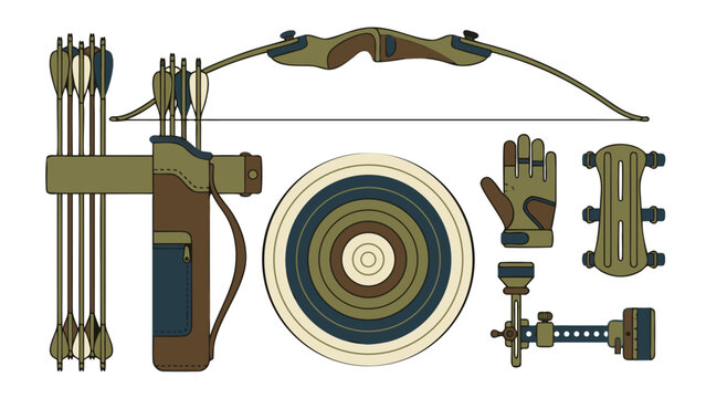 Vector Illustration of a Complete Archery Equipment Set Featuring a Recurve Bow, Arrows, Quiver, Target, Protective Glove, Arm Guard, and Sight in a Knolling Layout Isolated on White Background