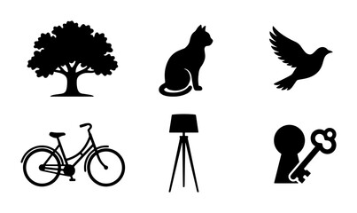 Silhouette Icons: Tree, Cat, Bird, Bicycle, Lamp, Keyhole Set. Simple Black Vector Graphics for Design. © Foysal