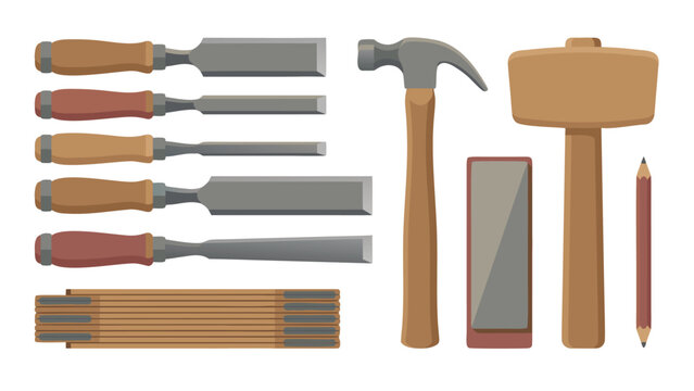 Professional Woodworking Tool Set with Various Chisels, Claw Hammer, Wooden Mallet, Folding Ruler, Sharpening Stone, and Pencil, Flat Vector Illustration Isolated on White Background